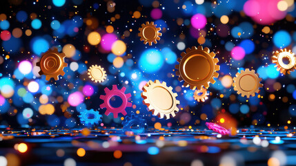 Fototapete - Stylized 3D rendering of colorful gears floating in space with vibrant bokeh lights creating dynamic and energetic atmosphere