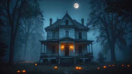 Aufkleber - Abandoned haunted house in fog at night with a ghost. Old mystical building in the forest. Trees illuminated by the moonlight at night. Surreal lighting. Horror Halloween theme.
