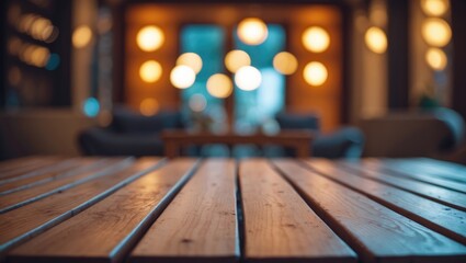 Poster - Empty wooden table surface with bokeh lights in the blurred background.