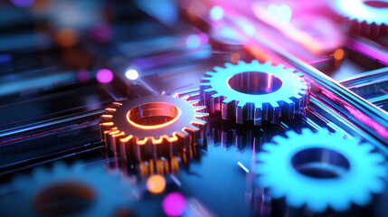 Fototapete - abstract 3D composition of interlocking gears with vibrant colors and reflections, showcasing intricate mechanical design and modern aesthetics