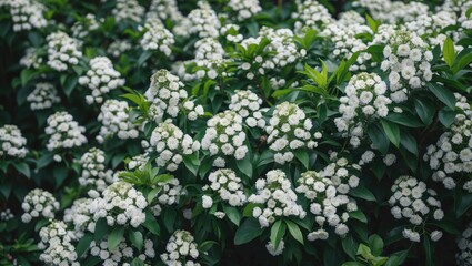Poster - Floral backdrop. Garden bush filled with lush blooming flowers surrounded by green leaves.