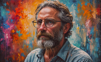 Poster - Man with glasses and a beard is looking at the camera. He is wearing a blue shirt
