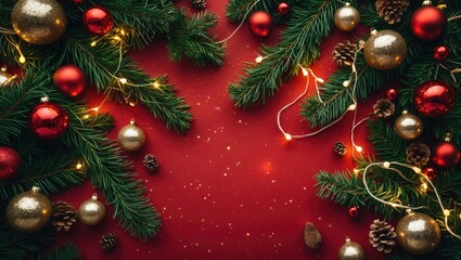 Aufkleber - Fir branches adorned with Christmas balls against a glittering background featuring holiday lights.