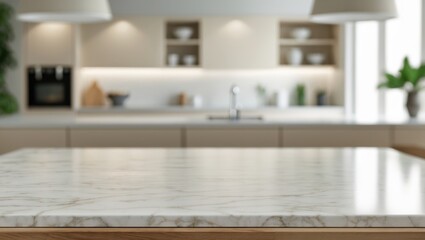 Poster - Empty marble countertop with blurred interior background for product showcase montage.