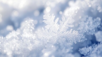 Aufkleber - Sparkling crystals cover the ground as intricate snowflakes rest peacefully, reflecting soft sunlight on a frosty winter morning. Nature showcases its exquisite beauty in this tranquil landscape