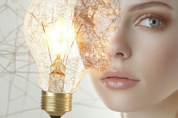 Wall Mural - a woman's face is superimposed over a glowing lightbulb, symbolizing creativity and brilliance.