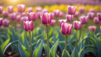 Poster - Closeup of a spring nature scene. Vibrant pink tulips flourishing in sunlight with a blurred backdrop.