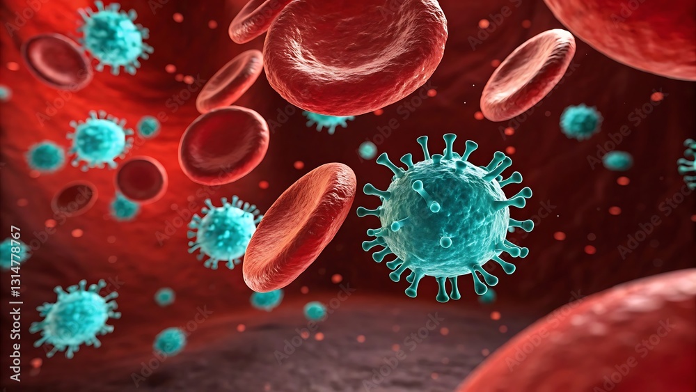 Microscopic view of virus infecting blood cells. Stock Illustration ...
