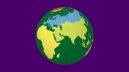 Poster - Rotating globe. Slanted sphere view. Moderate speed earth rotation. Colored continents style. World map with graticule lines on a deep background. Awesome animation.