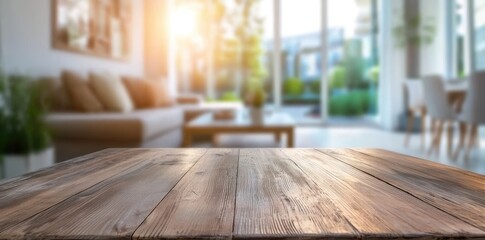 Aufkleber - An empty wooden table in front of a blurred modern living room with natural light, offering space for product placement. Ideal for interior design, lifestyle, and home decor presentations