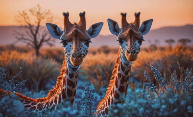 Poster - Two giraffes are standing in a field of tall grass. The sun is setting, casting a warm glow over the scene. The giraffes are looking at the camera, seemingly curious about the photographer