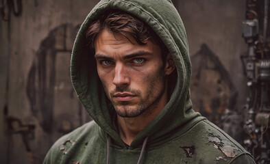 Poster - Man in a green hoodie is standing in front of a wall. He has a serious expression on his face