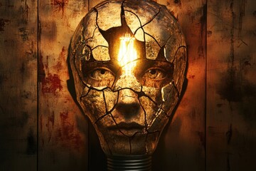Wall Mural - a cracked lightbulb shaped like a human face glows, symbolizing fractured intellect or inner light.