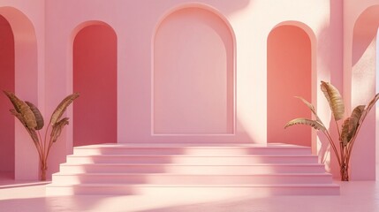 Poster - Soft pink tones and elegant arches create a serene outdoor area, enhanced by lush greenery. Steps lead into a peaceful space, inviting moments of contemplation and creativity