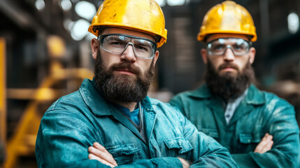 Aufkleber - Portrait of two industrial workers wearing safety glasses and hard hats standing with arms crossed in factory