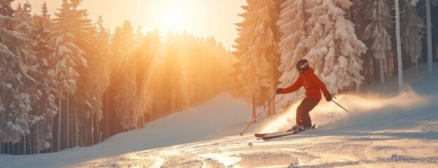 Poster - A skier carves through fresh snow on a slope as the sun sets behind tall trees, creating a warm glow that enhances the winter beauty of the landscape.