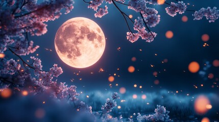 Poster - Under a luminous full moon, cherry blossoms gently sway in a cool breeze, casting a magical aura over the tranquil garden, where glowing orbs float softly around