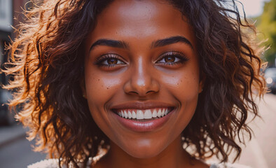 Poster - Woman with dark hair and a big smile. She is wearing a white shirt. Concept of happiness and positivity