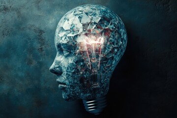 Wall Mural - a crystalline head, lit from within by a glowing lightbulb, symbolizes ideas and innovation.