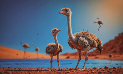 Aufkleber - Mother ostrich and her baby are standing by a body of water. The baby ostrich is smaller than the mother and he is looking up at her. The scene is peaceful and serene, with the birds standing in the