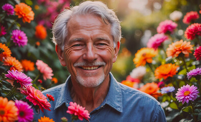 Aufkleber - Man is smiling in a field of flowers. The flowers are of various colors, including pink, orange, and purple. The man is surrounded by the flowers, and the scene conveys a sense of happiness and