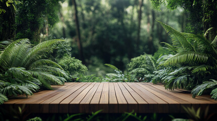 Poster - Wooden platform nestled in lush green foliage, creating a tranquil rainforest scene, showcasing a product display or advertisement space