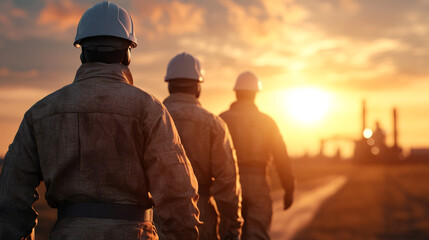 Aufkleber - Three engineers wearing helmets and protective suits walking towards a refinery at sunset