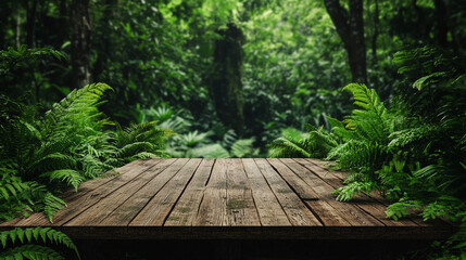Aufkleber - Wooden platform in lush green forest setting, showcasing natural tranquility and providing free space for text or product display