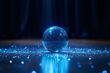 Poster - Glowing crystal ball on dark surface with magical blue bokeh lights and reflections creates mystical atmosphere for fantasy and fortune telling concepts.