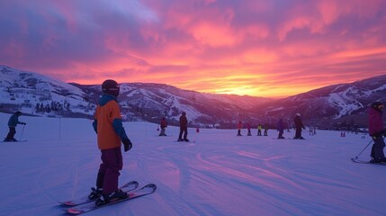 Poster - A group of skiers gathers on a ski slope as the sky fills with vibrant colors during sunset, creating a picturesque winter atmosphere in the mountains.