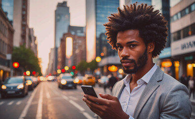 Poster - Man with a beard and dreadlocks is standing on a city street, holding a cell phone