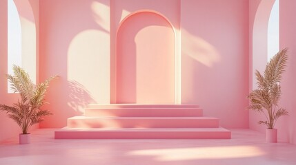 Poster - This serene pink environment features smooth steps leading to an archway, illuminated by gentle light filtering through the windows. Lush green plants add a tranquil touch