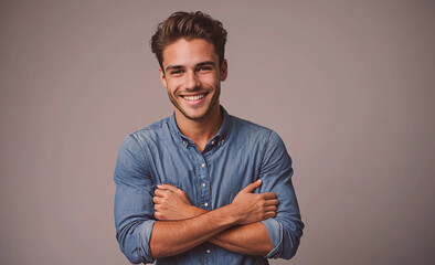 Poster - Man in a blue shirt is smiling and crossing his arms. He looks happy and confident. Concept of warmth and positivity