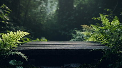 Aufkleber - Dark wooden platform nestled in lush green ferns, creating a serene, natural scene, showcasing product display or advertisement space