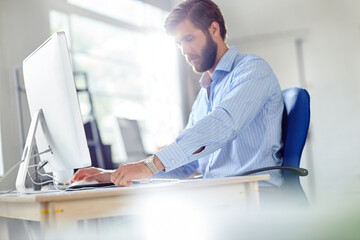 Poster - Businessman, research and web designer with computer in office, software update and information. Career, ux developer and scroll with technology for seo tools, solution and trends for digital agency