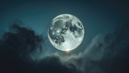 Full moon illuminating a cloudy night sky backdrop. Theme of Halloween, horror, mystic. Dramatic dark eerie clouds surrounding the moon. Beauty in nature.