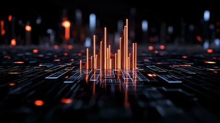 Poster - Glowing orange light bars rise from digital circuit grid surface with dramatic perspective, creating futuristic technology visualization against dark background.