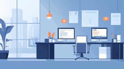 Poster - Collaborative work environment in an office with multiple laptops and screens