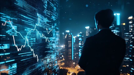 Poster - Silhouette of businessman analyzing financial market data on virtual screen with night cityscape background, digital transformation concept.