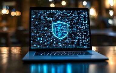 Poster - Glowing shield icon on laptop screen with digital network pattern representing cybersecurity and data protection in dark office environment with bokeh lights.