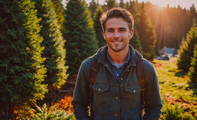 Aufkleber - Man is smiling in a forest with trees and a house in the background. He is wearing a green jacket and a backpack