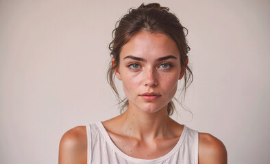 Poster - Woman with a light blue eyes and a light brown hair is standing in front of a white wall