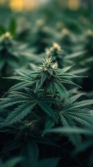 Poster - In a vibrant farm setting, healthy cannabis plants stretch skyward, showcasing delicate buds amidst a backdrop of deep green foliage, illuminated by gentle sunlight