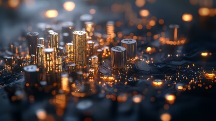 Aufkleber - Glowing electronic circuit board macro with illuminated components creating futuristic cityscape illusion against dark background with bokeh light effects.