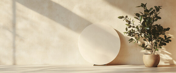 Poster - Beige wall with sunlight shadows, featuring a blank oval display stand and a potted plant, creating a minimalist and serene scene perfect for showcasing products or branding