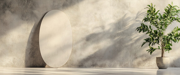 Poster - Beige oval mockup on textured wall, beside potted plant, sunlight casting shadows.  Minimalist scene, ideal for product display or advertisement. Free space for text