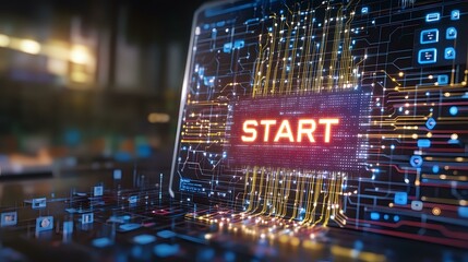 Poster - Glowing start button on digital circuit background with neon blue light effects and electronic pathways, representing technology innovation and digital transformation.