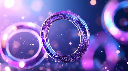 Poster - Glowing neon rings with sparkles and bokeh effects on purple and blue gradient background create magical atmosphere for festive designs and celebrations.