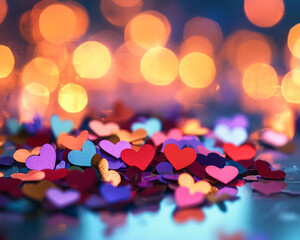 Aufkleber - Colorful hearts scattered on a reflective surface, blurred bokeh lights in background, representing love, romance, Valentine's Day, celebration, festive mood