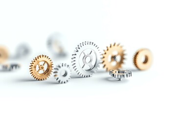 Poster - Metallic silver and gold colored gears arranged in line on white background with selective focus and shallow depth of field, showing mechanical precision.
